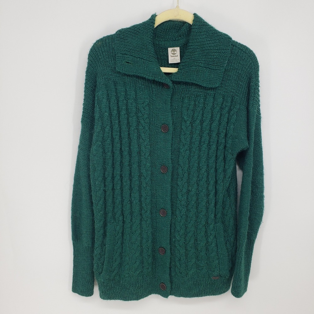 Timberland Cable Knit Button Front Cardigan Women Large Green Wool Alpaca Blend